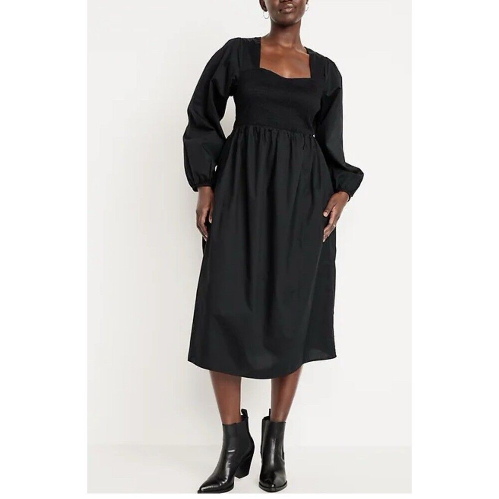 Old Navy Sweetheart Black Smocked Dress Midi Pockets Cotton Women’s Large NWT